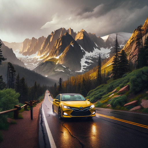Yellow sedan car driving on a winding mountain road with scenic views